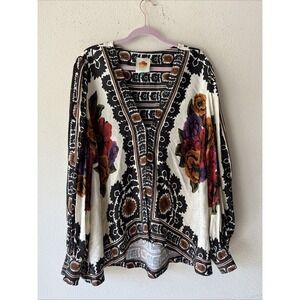 Farm Rio Tapestry Hook & Eye Blouse Kimono Coverup Jacket Floral Top Boho L